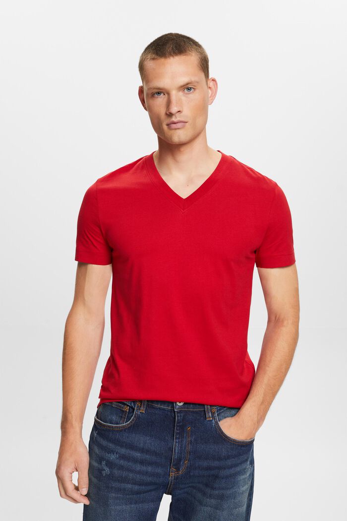 Jersey-T-shirt med V-hals, 100 % bomuld, DARK RED, detail image number 0