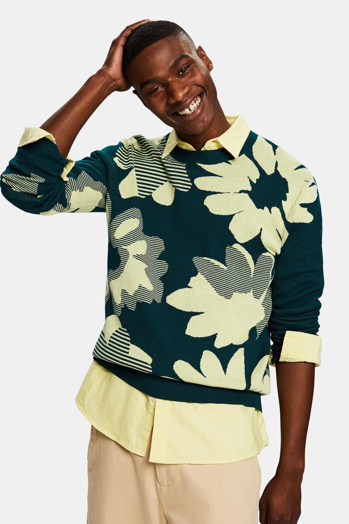 Jacquard-sweater i bomuld, DARK TEAL GREEN, detail image number 4
