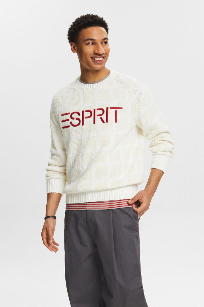 Sweater i chunky strik med logo og gittermønster, WHITE, detail image number 0