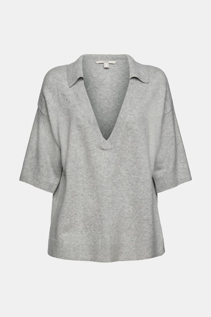 Med uld: kortærmet pullover med skjortekrave, LIGHT GREY, overview