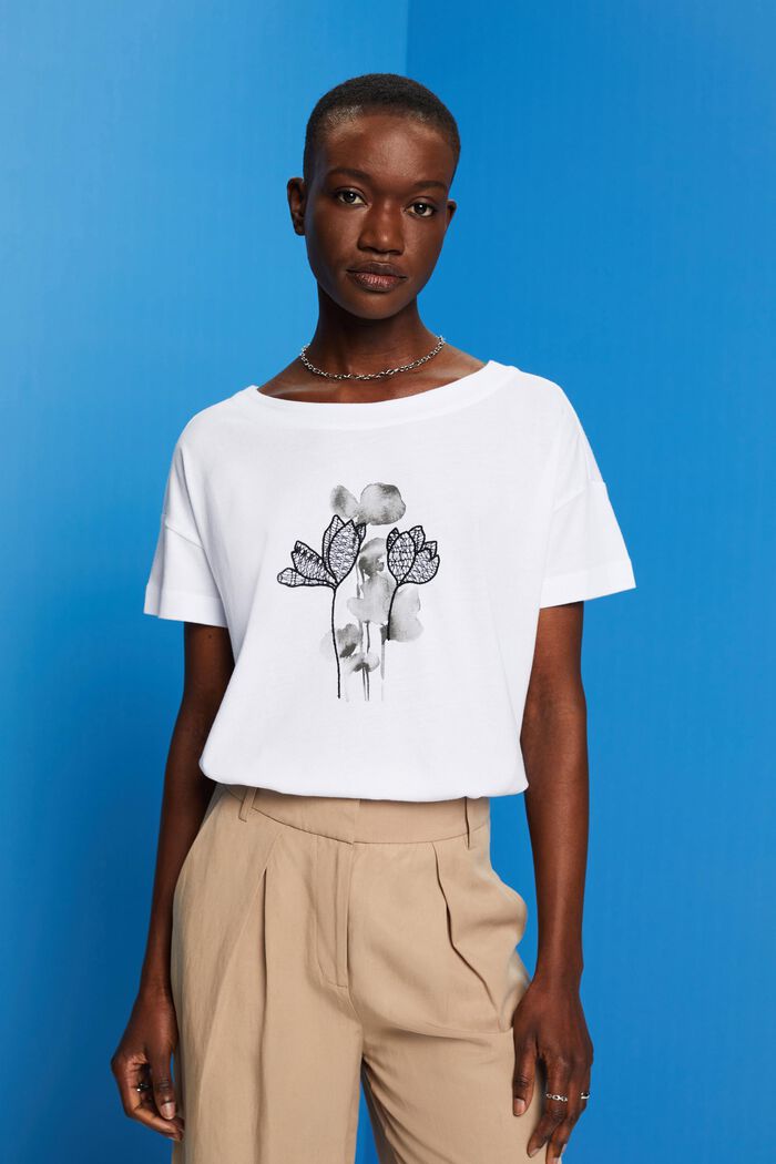 T-shirt med broderi, TENCEL™, WHITE, detail image number 0