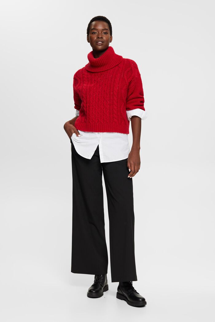 Sweater i kabelstrik med rullekrave og uld, DARK RED, detail image number 4