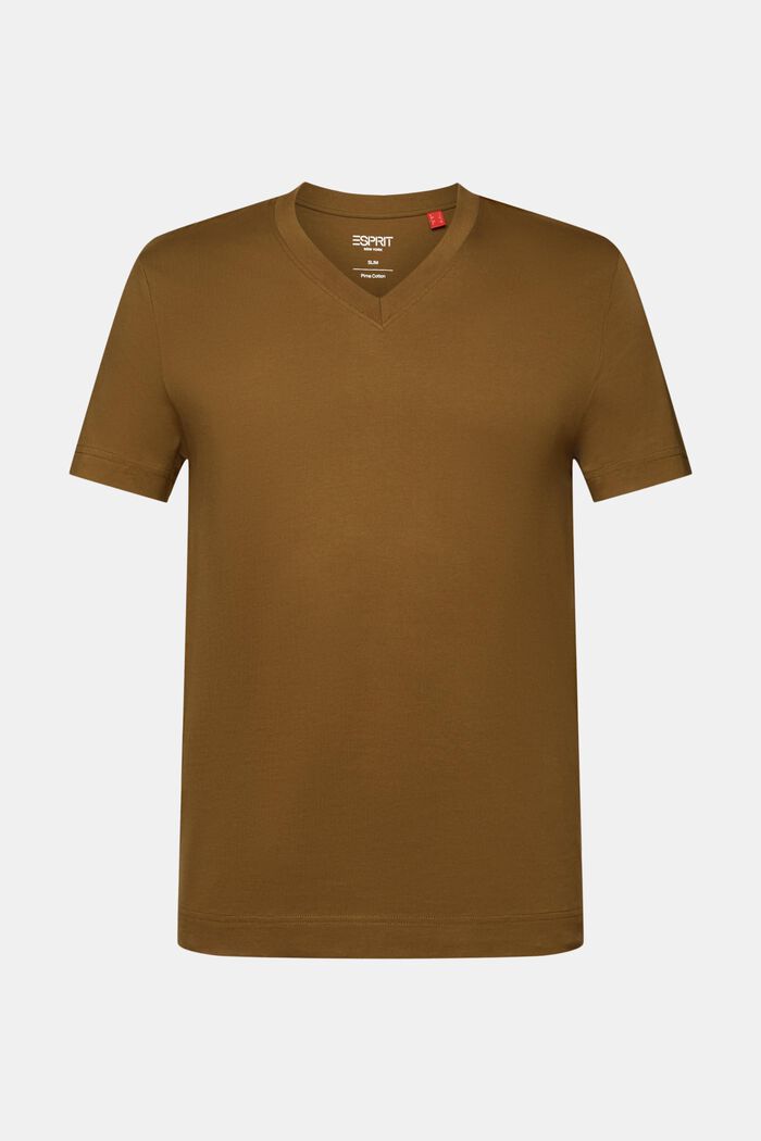 Jersey-T-shirt med V-hals, 100 % bomuld, DARK KHAKI, detail image number 6