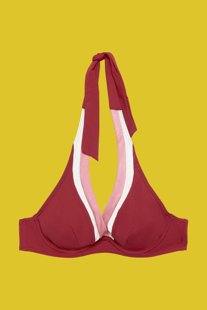 Trefarvet halterneck-bikinitop med bøjle, DARK RED, detail image number 4