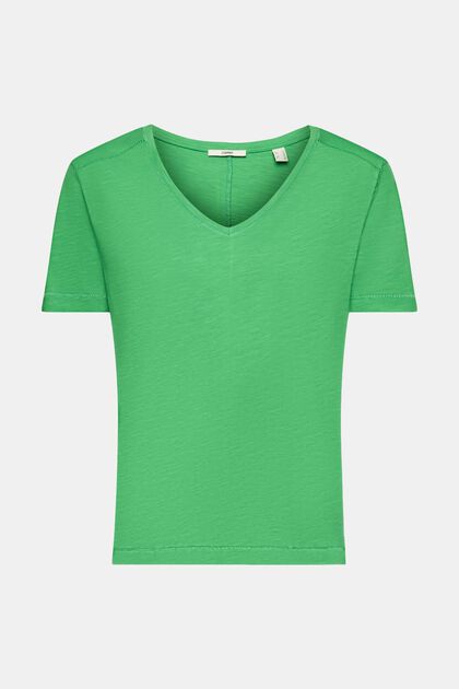 Bomulds-T-shirt med V-hals og pyntesøm, GREEN, overview