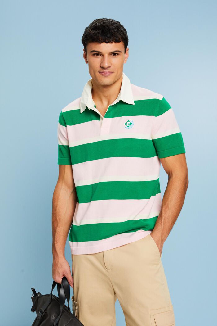 Stribet polo-T-shirt i bomuld med logo, GREEN, detail image number 0