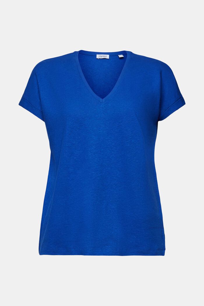 T-shirt med V-hals i bomuld/hør, BRIGHT BLUE, detail image number 5