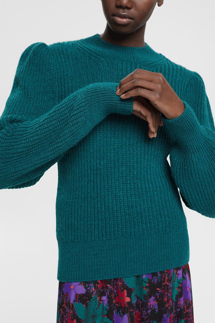 Pullover i uld med pufærmer, TEAL GREEN, detail image number 2