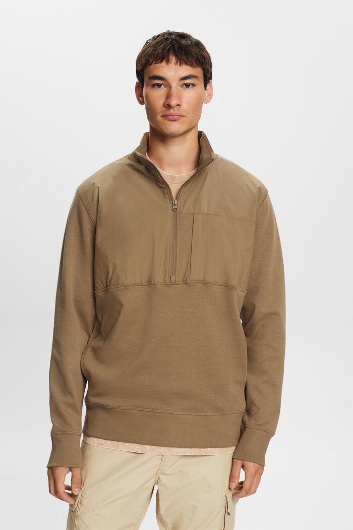 Sweatshirt i materialemiks med halv lynlås, BARK, detail image number 0