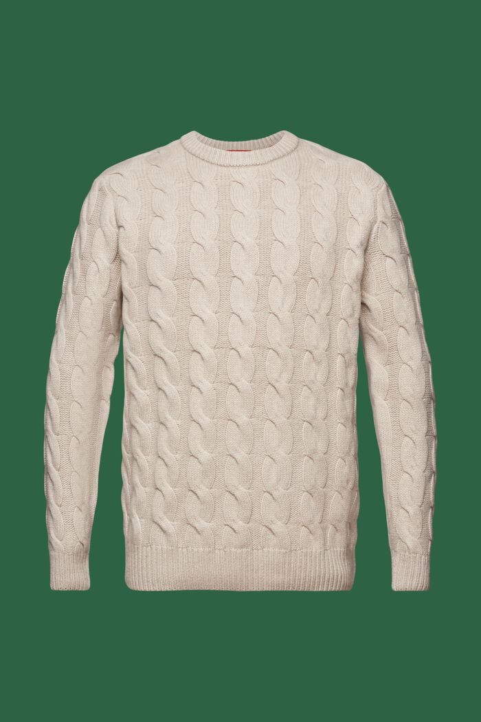 Kabelstrikket sweater i uld, LIGHT TAUPE, detail image number 6