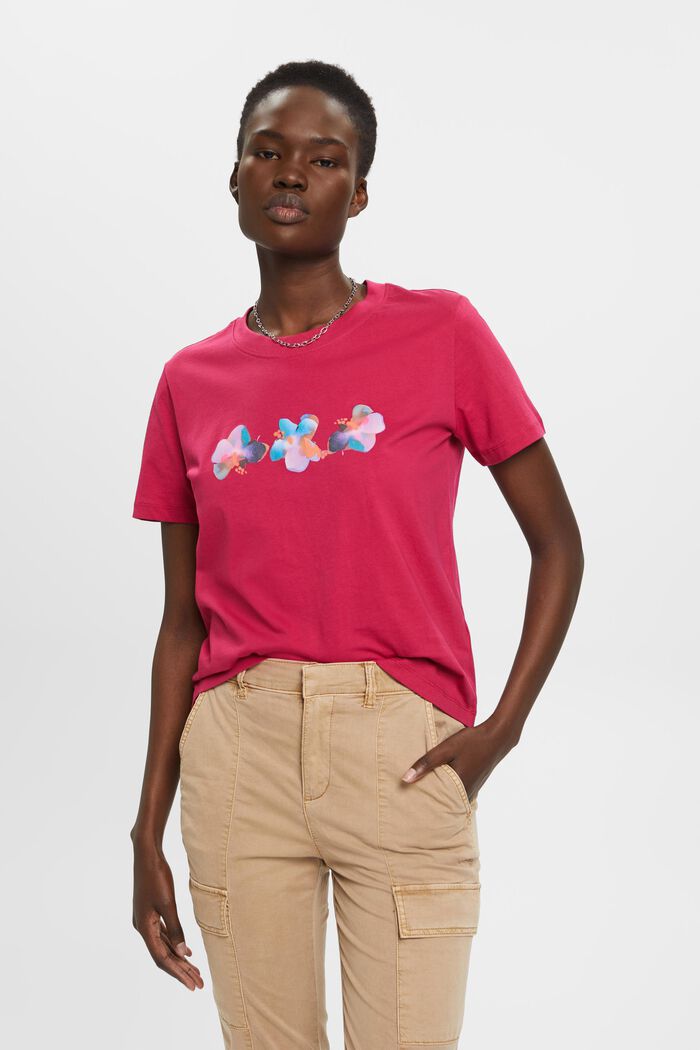 Bomulds-T-shirt med blomsterprint, DARK PINK, detail image number 0