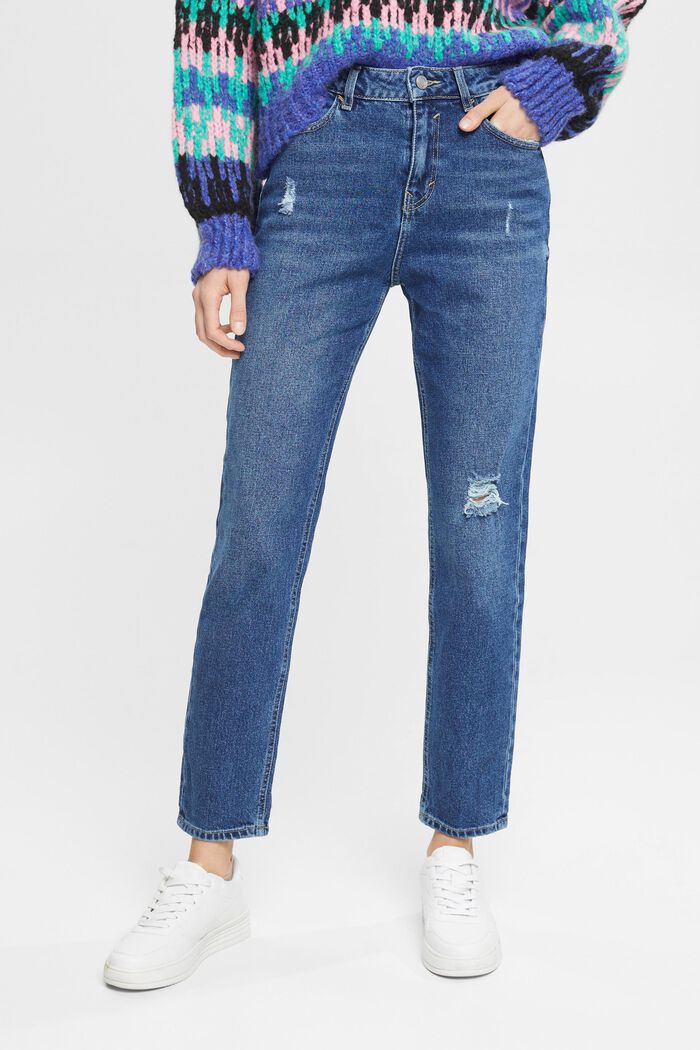 Boyfriend-jeans med høj talje og rip-detaljer, BLUE DARK WASHED, detail image number 0