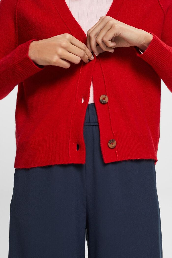 Cardigan med knapper og V-hals, uldmiks, DARK RED, detail image number 2