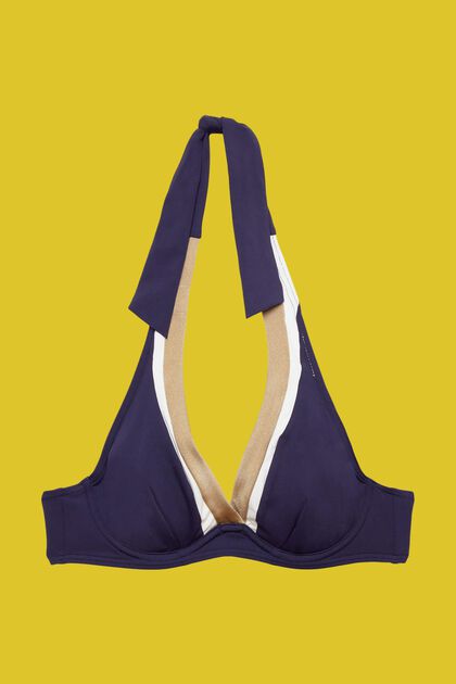 Trefarvet halterneck-bikinitop med bøjle, NAVY, overview