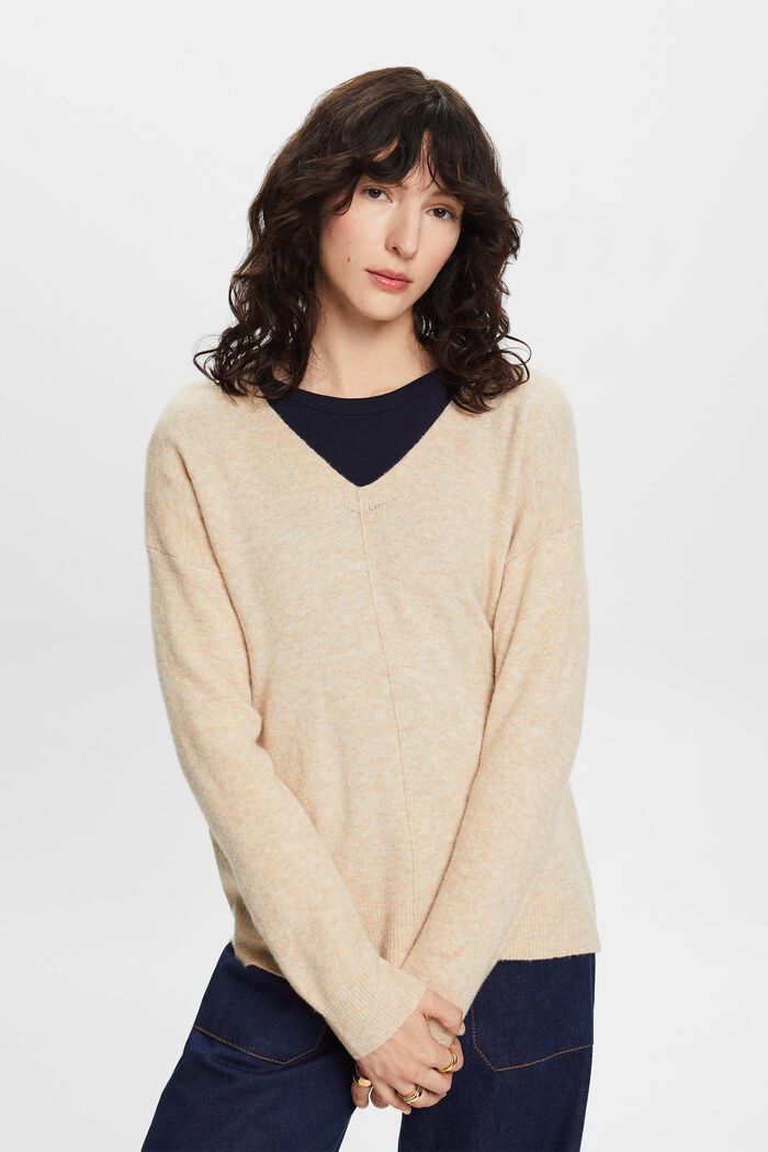 Sweater i uldmiks med V-hals, SAND, detail image number 1