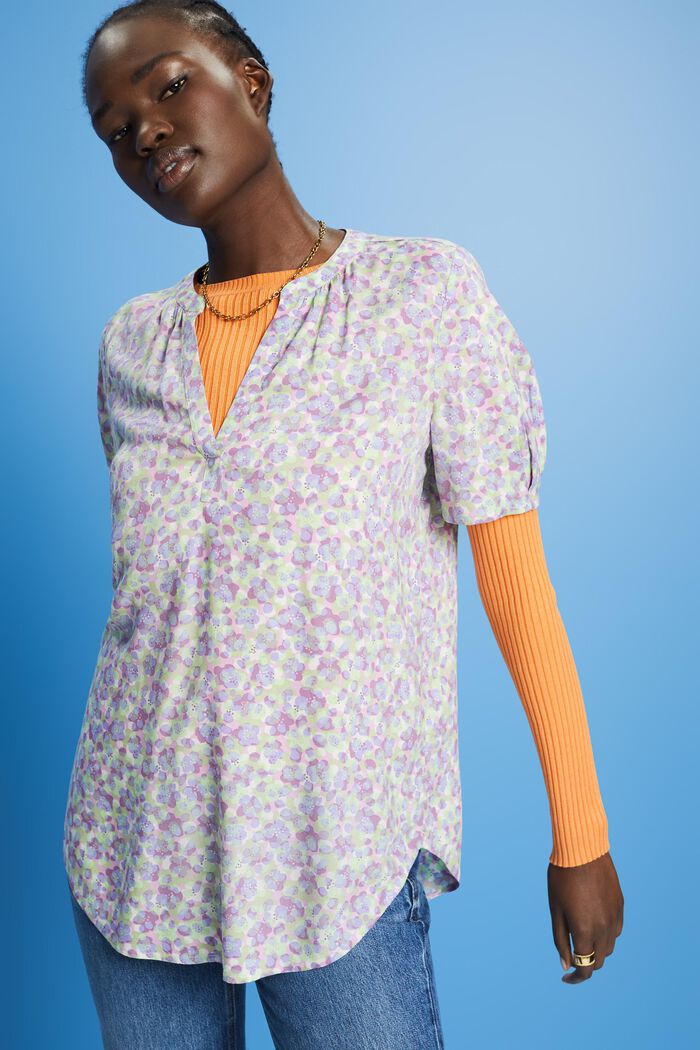 Blomstret bluse med halsslids, PURPLE, detail image number 0