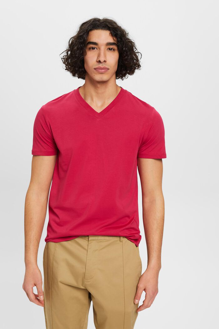 Slim fit bomulds-T-shirt med V-hals, DARK PINK, detail image number 0