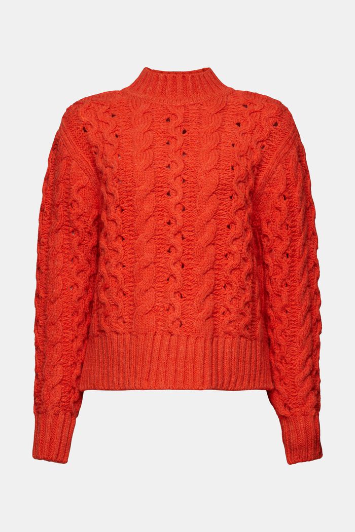 Kabelstrikket sweater i uldmiks, BRIGHT ORANGE, detail image number 6