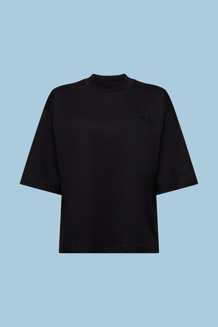 Bomulds-T-shirt med høj hals og logo, BLACK, detail image number 6