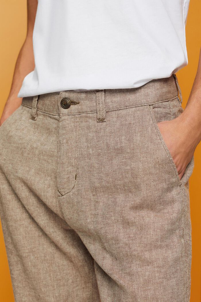 Bukser i bomulds- og hørmiks med sildebensmønster, DARK BROWN, detail image number 2