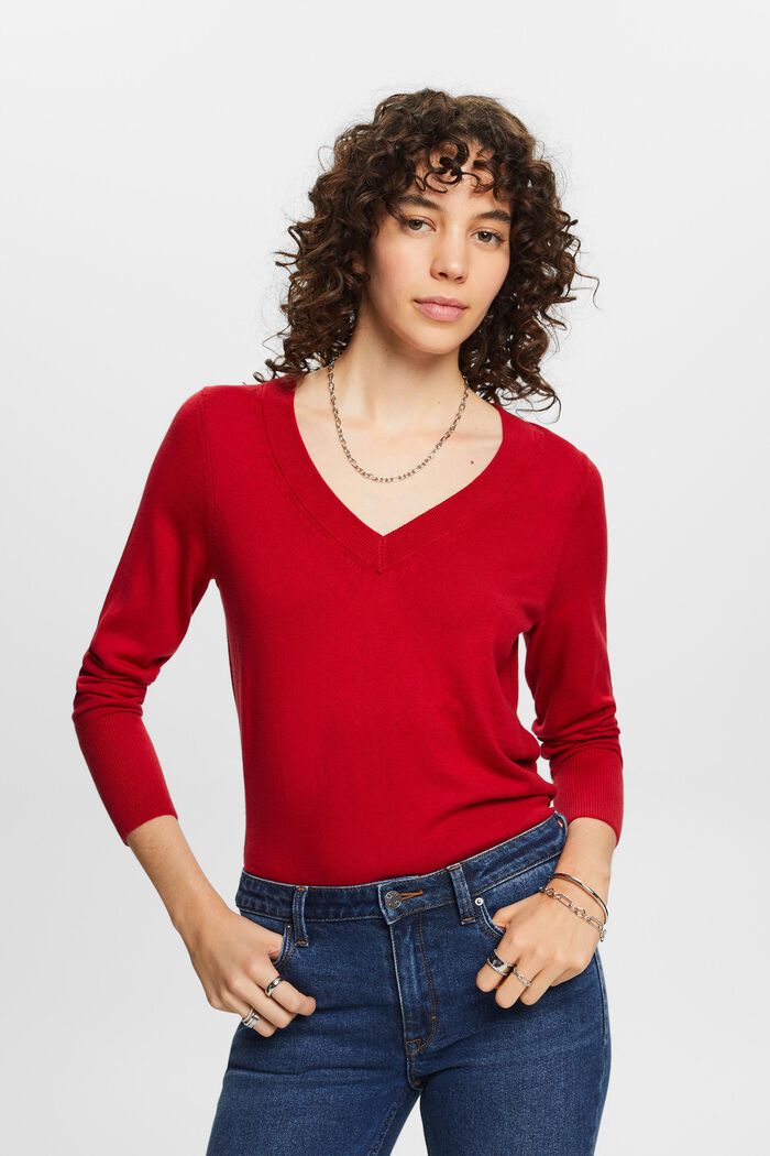 Sweater med V-hals, DARK RED, detail image number 0
