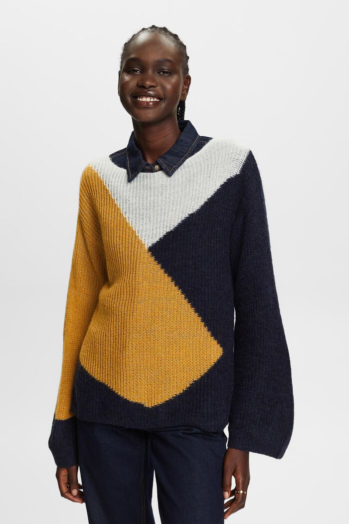 Pullover med farveblok, uldmiks, BRASS YELLOW, detail image number 0