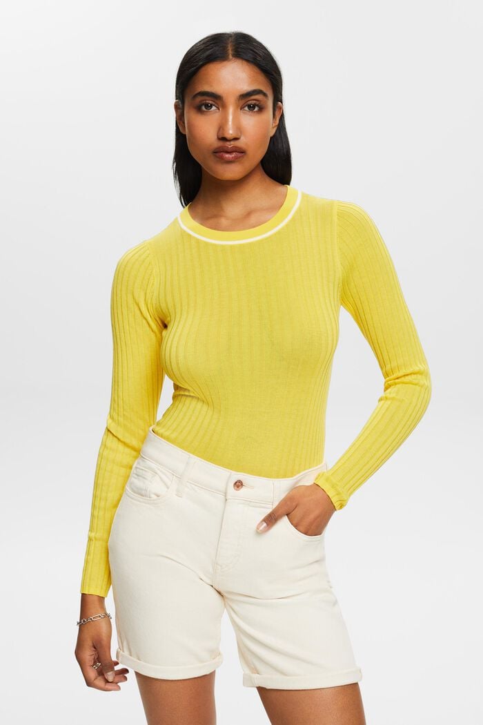Ribbet sweater med rund hals, YELLOW, detail image number 0