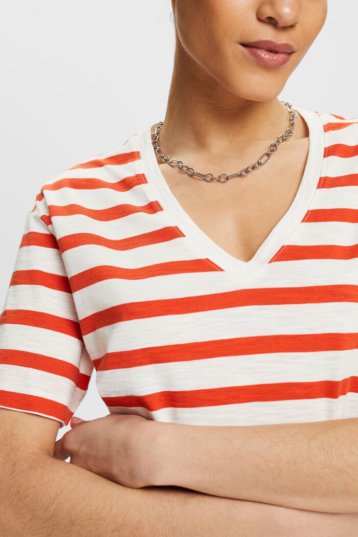 Stribet T-shirt med V-hals, BRIGHT ORANGE, detail image number 3