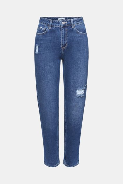 Boyfriend-jeans med høj talje og rip-detaljer, BLUE DARK WASHED, overview