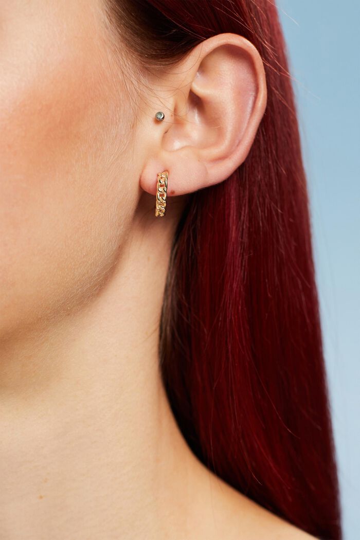 Mini kæde hoop-øreringe, sterlingsølv, GOLD, detail image number 2