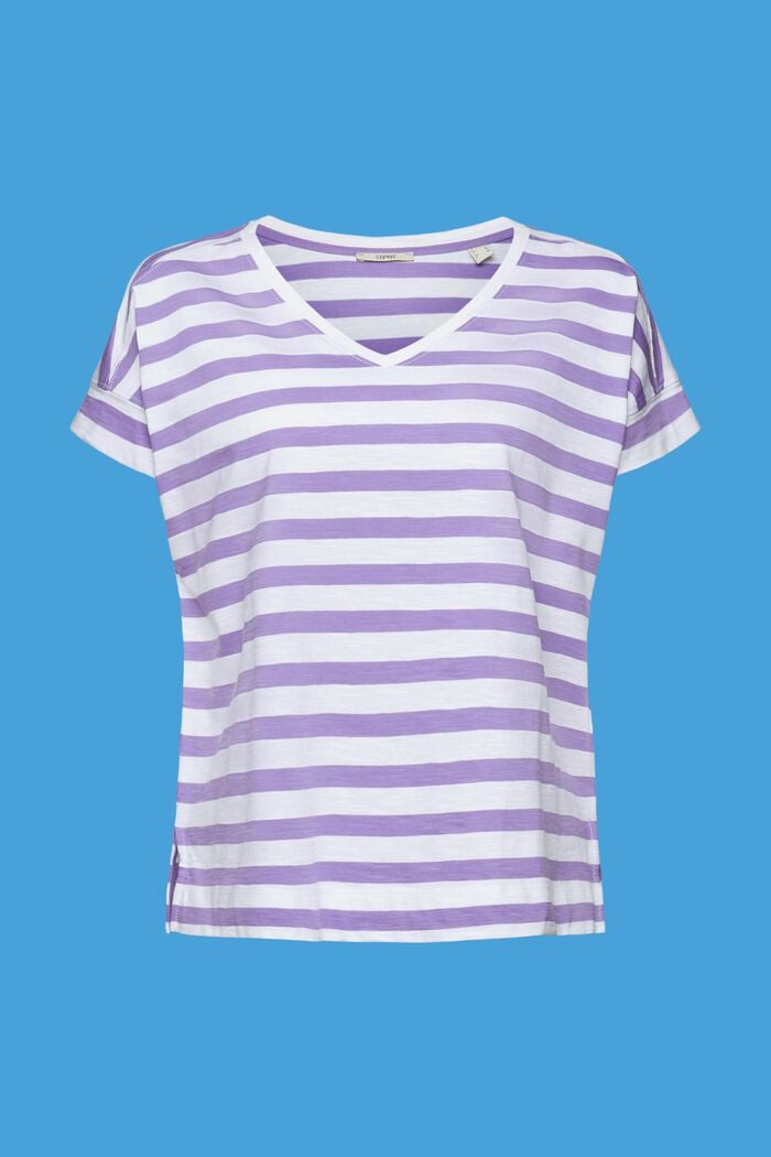 Stribet bomulds-T-shirt med V-hals, PURPLE, detail image number 6