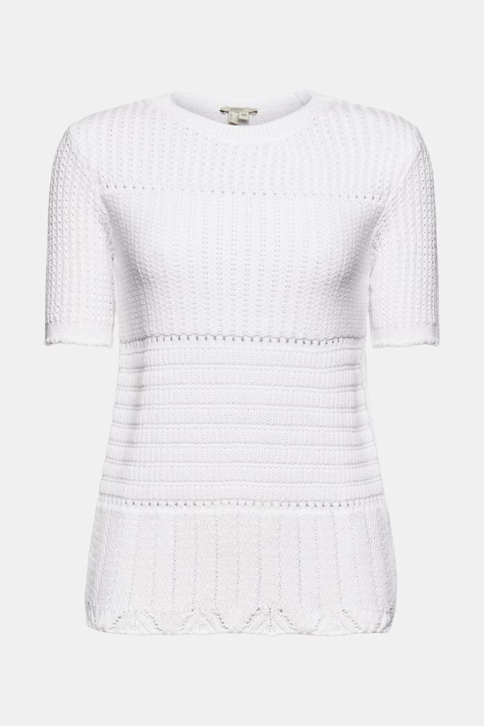 Kortærmet sweater med strikmønster, WHITE, overview