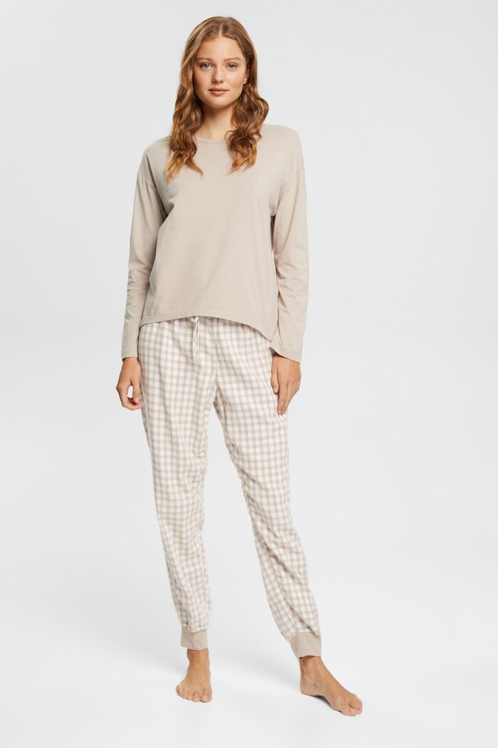 Pyjamas med langærmet top og ternede flonelsbukser, SAND, detail image number 1