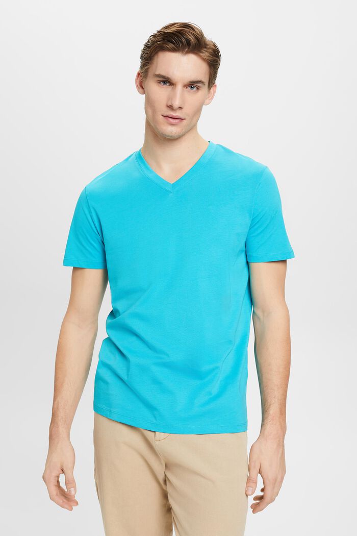 Slim fit bomulds-T-shirt med V-hals, AQUA GREEN, detail image number 0