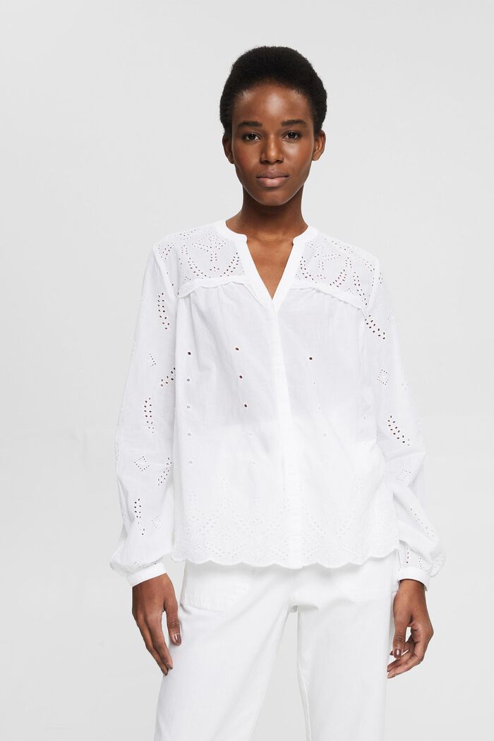 Bluse med broderie anglaise, WHITE, detail image number 0