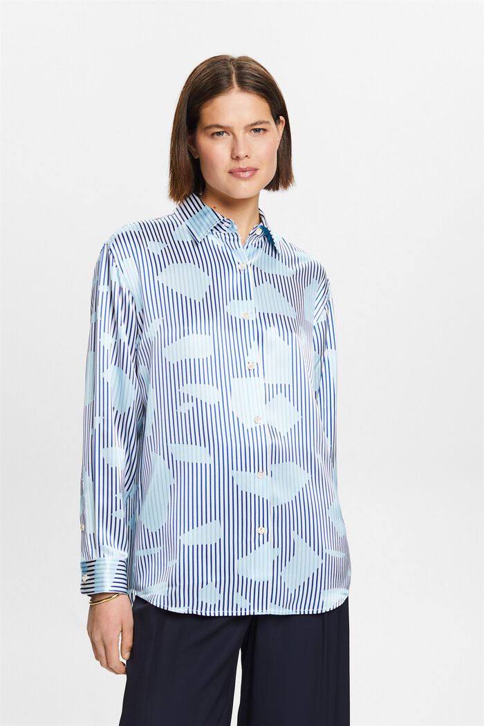 Silkeskjorte med tryk og knaplukning, BRIGHT BLUE, detail image number 0
