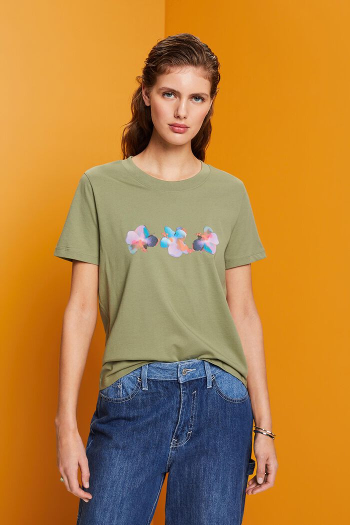 Bomulds-T-shirt med blomsterprint, LIGHT KHAKI, detail image number 0