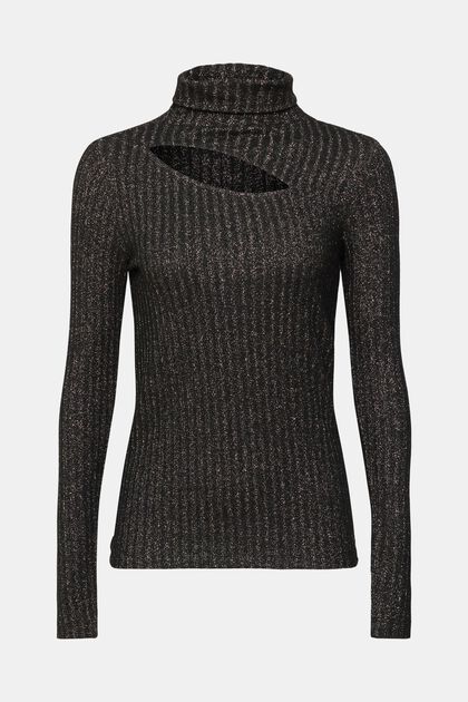 Rullekravesweater med glimmereffekt og cut-out, BLACK, overview