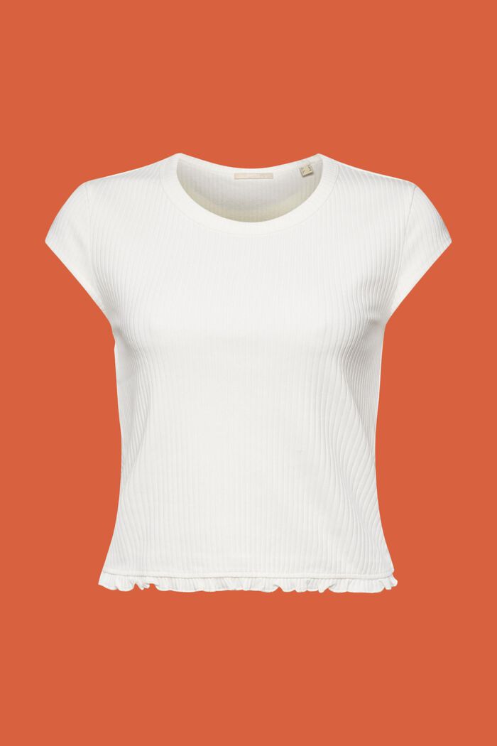 Ribbet T-shirt med flæsekant, OFF WHITE, detail image number 5