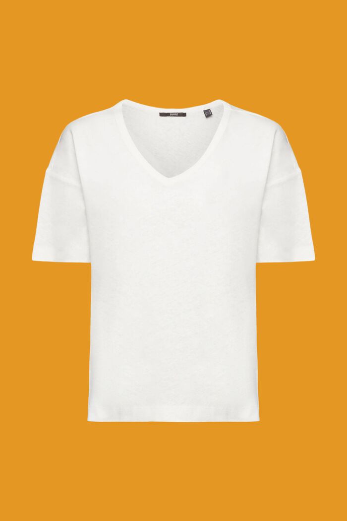 T-shirt med V-hals i hørmiks, OFF WHITE, detail image number 6