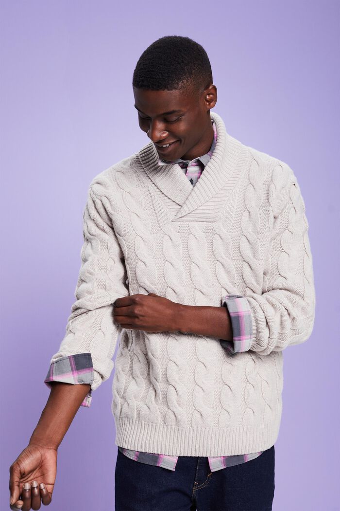 Kabelstrikket sweater i uld med sjalskrave, LIGHT TAUPE, detail image number 4