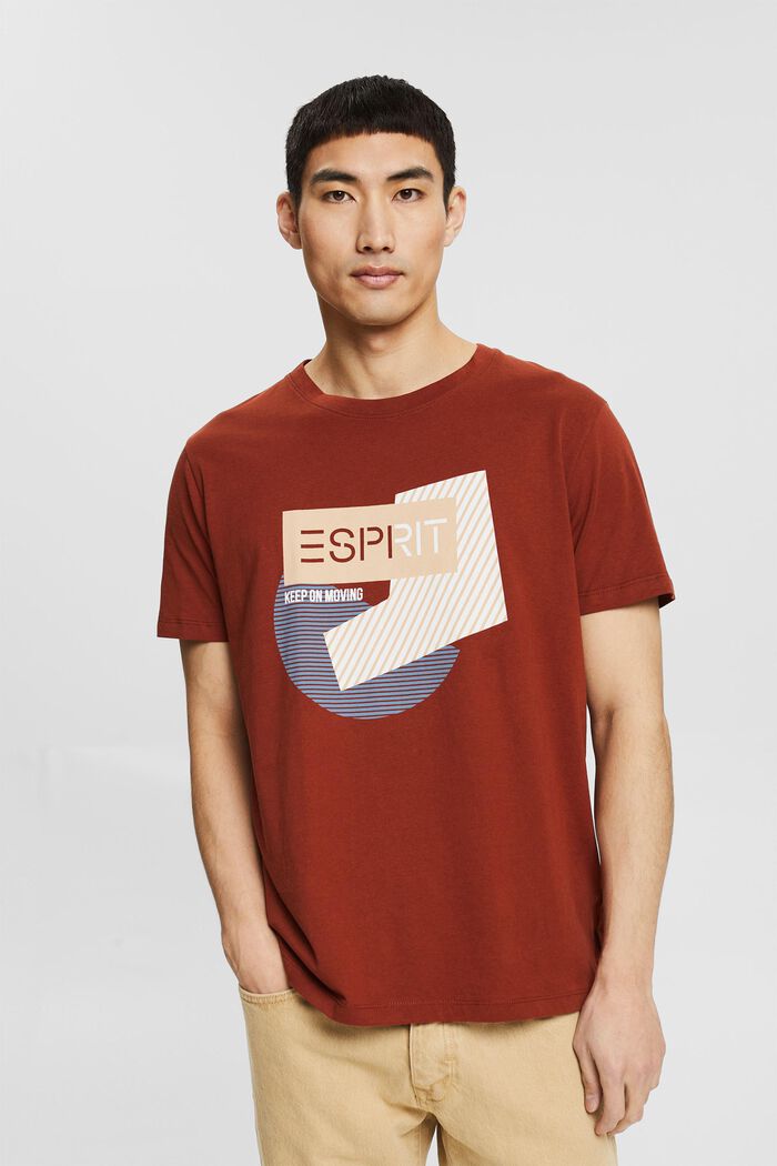 Jersey-T-shirt med print, økologisk bomuld, RUST BROWN, overview