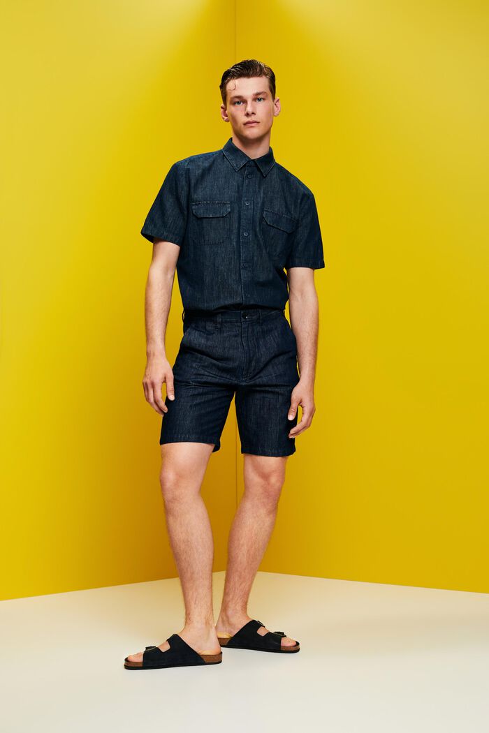Chino-shorts i bomuld og hør, BLUE BLACK, detail image number 5