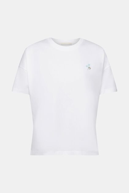 T-shirt med blomsterprint på brystet, WHITE, overview
