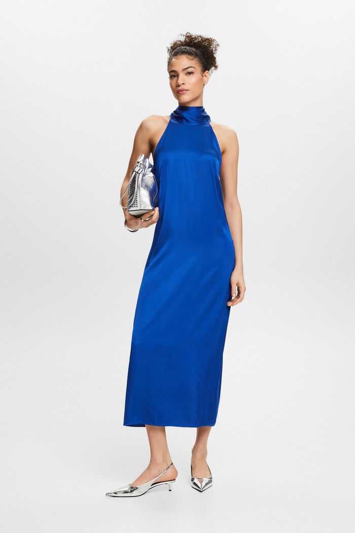 Maxi-kjole i satin med halterneck, BRIGHT BLUE, detail image number 1