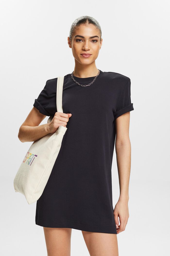 T-shirtkjole i bomuld med skulderpuder, BLACK, detail image number 0