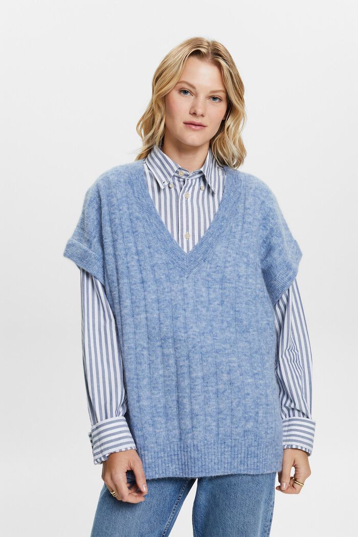 Oversized ribstrikket sweater med V-hals, BLUE LAVENDER, detail image number 1