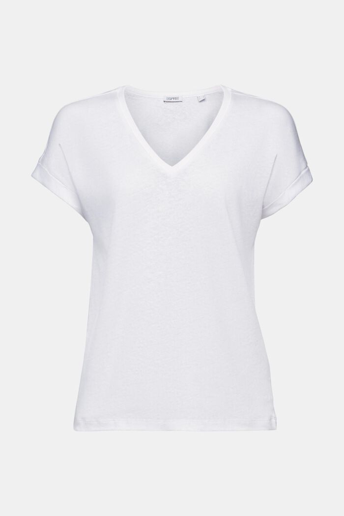 T-shirt med V-hals i bomuld/hør, WHITE, detail image number 5