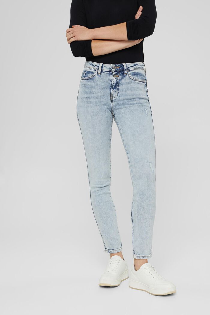 High rise-jeans med used-detaljer, BLUE LIGHT WASHED, detail image number 0