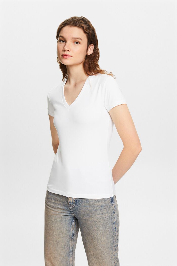 Jersey-T-shirt med V-hals, WHITE, detail image number 0